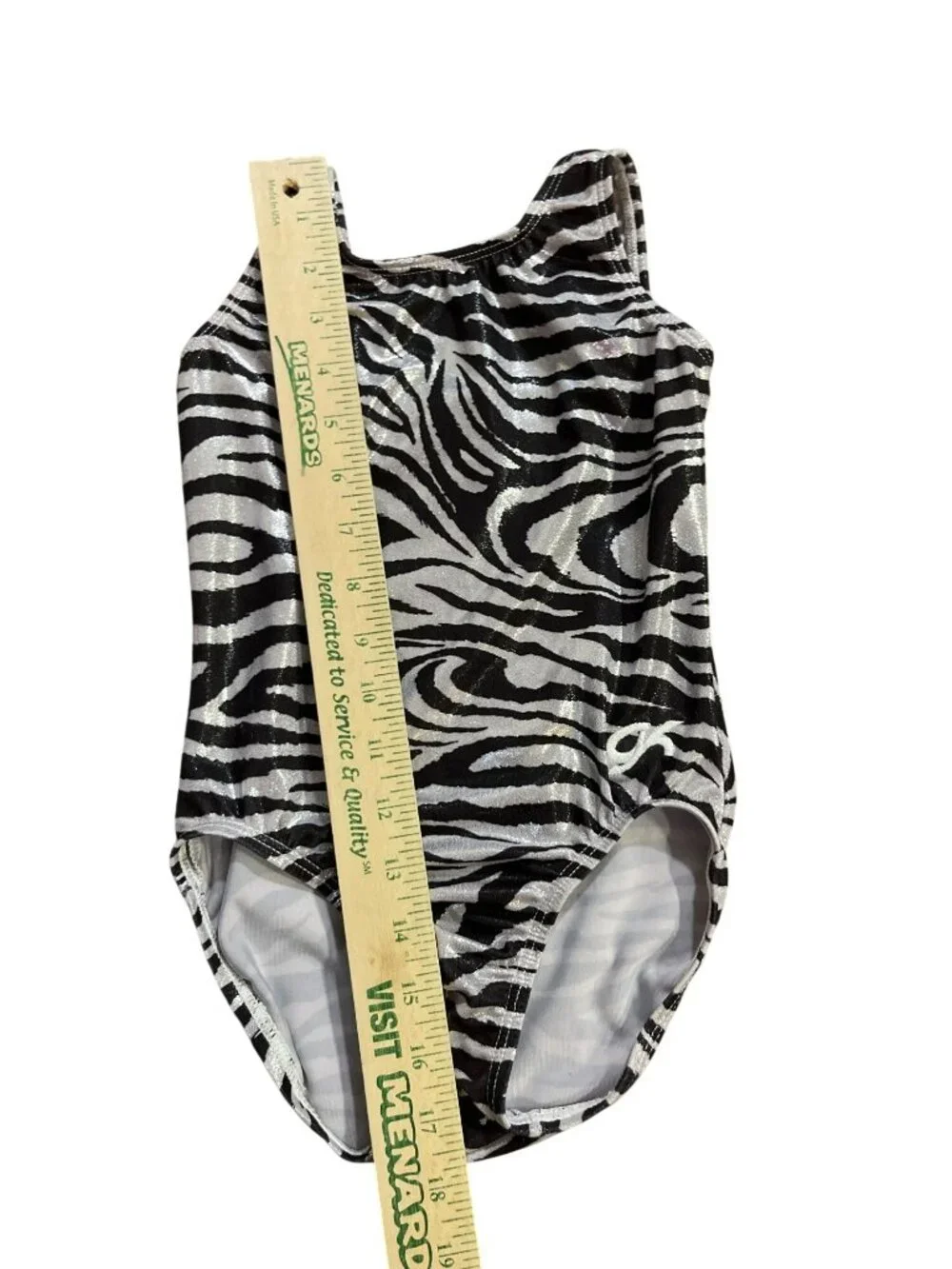 GK Elite Zebra Print Metallic Gymnastics Leotard Girls M (CM) Used Sleeveless